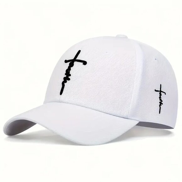 Faith Cross Embroidered Christian White Baseball Cap, Adjustable Hat, Jesus, God - Picture 1 of 1